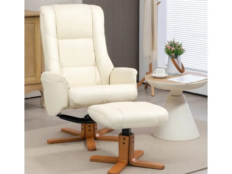 HOMCOM Relaxsessel mit Hocker Liegefunktion Wippfunktion Kunstleder Cremeweiß