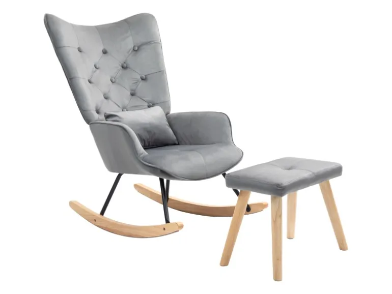 HOMCOM Schaukelsessel mit Hocker Samt Dunkelgrau 66L x 96B x 101H cm