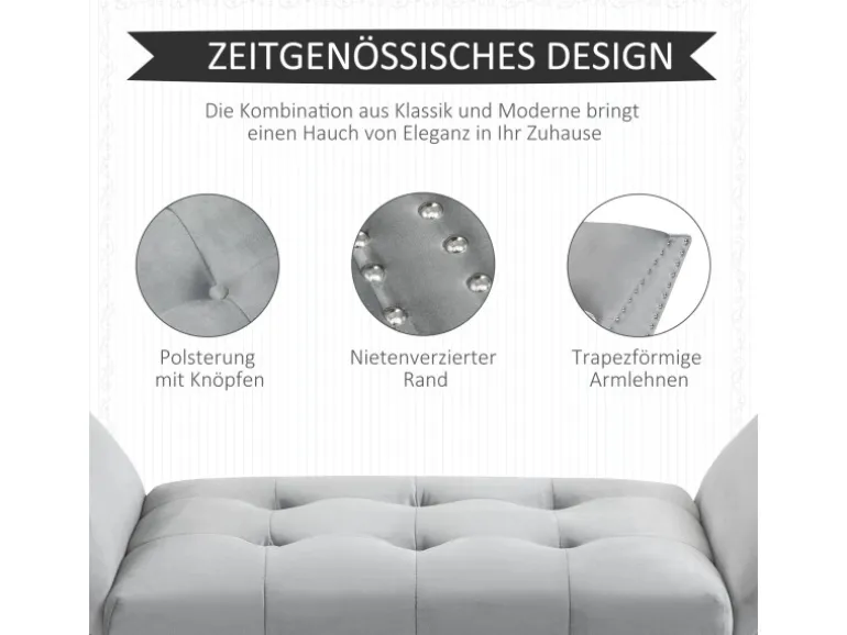 HOMCOM Sitzbank mit Samtoptik für Schlafzimmer Gummiholz Hellgrau 114 x 46 x 56 cm