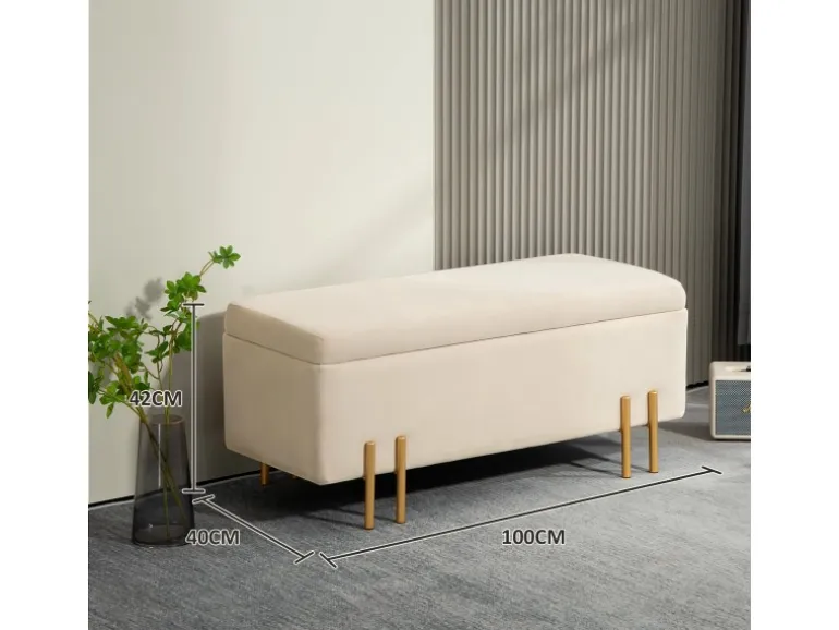 HOMCOM Sitzbank mit Stauraum Samt Holz Beige 100L x 40B x 42H cm