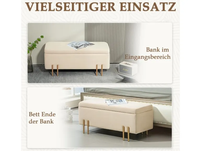 HOMCOM Sitzbank mit Stauraum Samt Holz Beige 100L x 40B x 42H cm