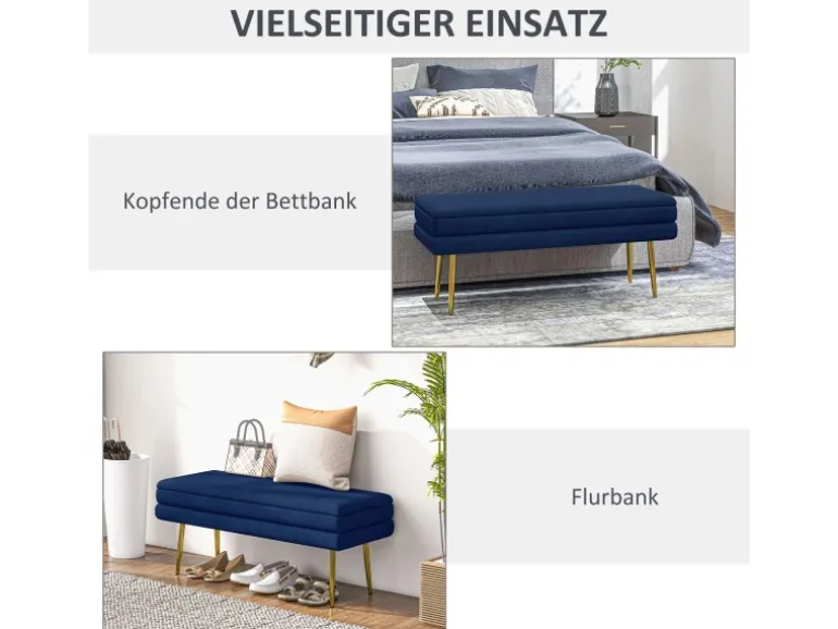HOMCOM Sitzbank Polsterbank Stauraum Samtoptik Bettbank Blau 100 x 37 x 42 cm