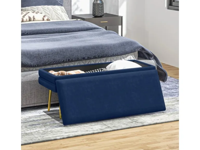 HOMCOM Sitzbank Polsterbank Stauraum Samtoptik Bettbank Blau 100 x 37 x 42 cm