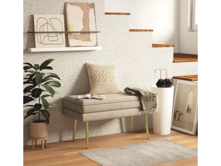 HOMCOM Sitzbank Polsterbank mit Stauraum Samtoptik Beige 79 x 37 x 43 cm
