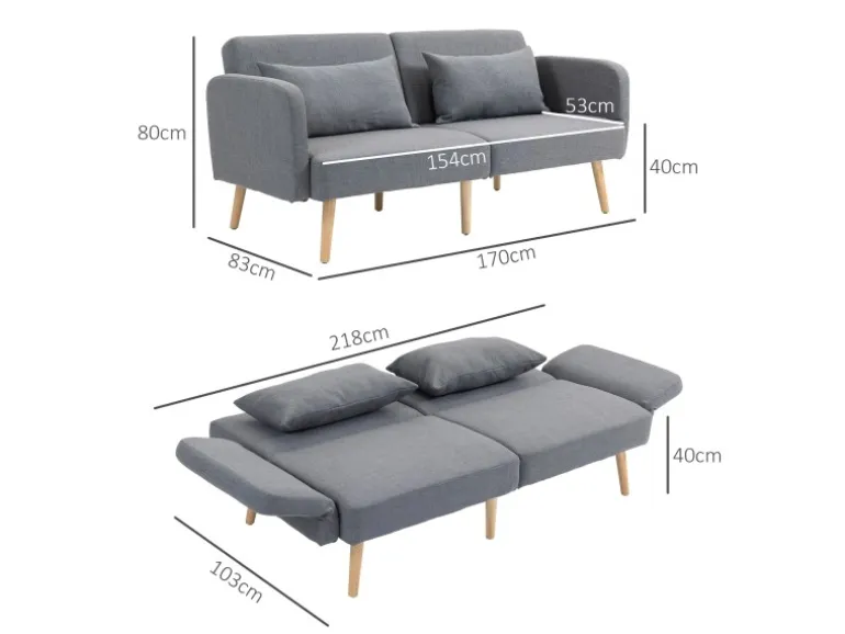 HOMCOM 2-Sitzer Klappbett mit Bettfunktion 2 Wurfkissen 170 x 83 x 80 cm