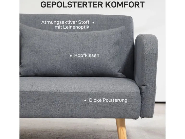 HOMCOM 2-Sitzer Klappbett mit Bettfunktion 2 Wurfkissen 170 x 83 x 80 cm
