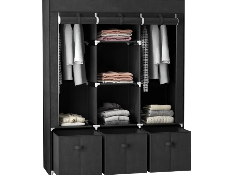 HOMCOM Stoffschrank mit Kleiderstangen Schubladen Faltbar Schwarz 125x43x162,5cm