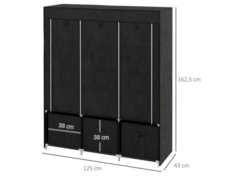 HOMCOM Stoffschrank mit Kleiderstangen Schubladen Faltbar Schwarz 125x43x162,5cm
