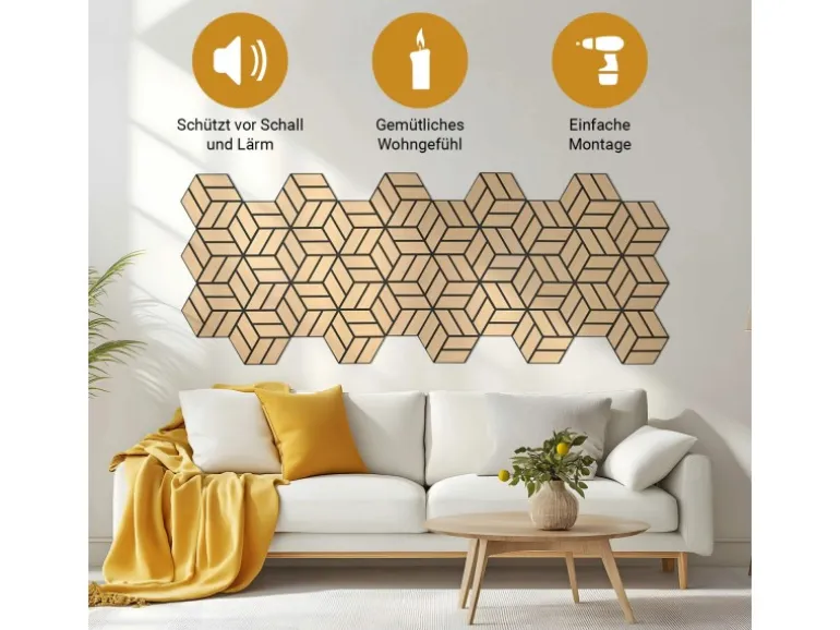 Homestyle4u Akustikpaneele Natur 30 x 26 cm 5 Stück Hexagon Wandpaneele Holz