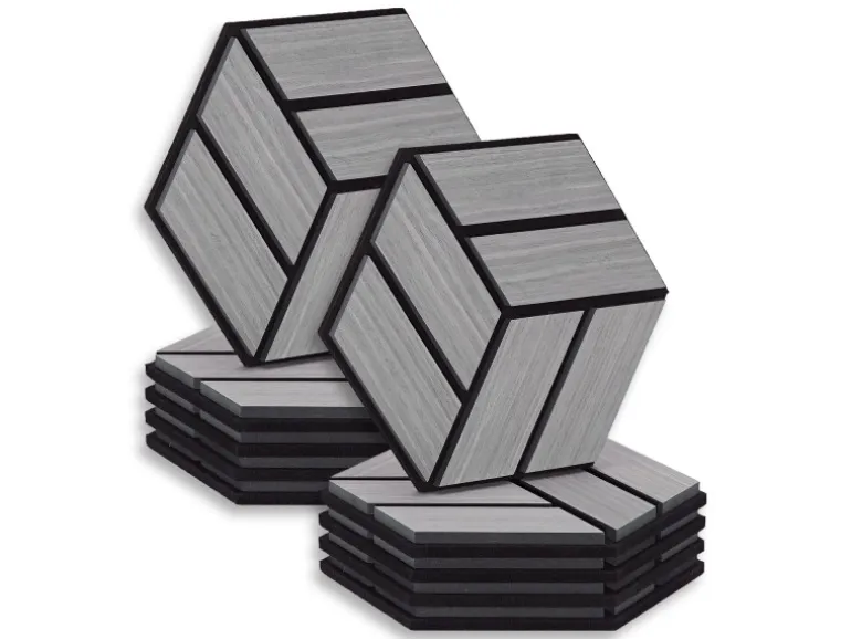 Homestyle4u Akustikpaneele 30 x 26 cm 10 Stück Grau Hexagon Wandpaneele Holz
