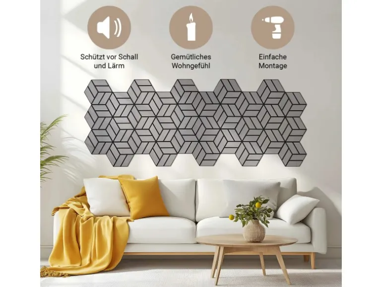 Homestyle4u Akustikpaneele 30 x 26 cm 10 Stück Grau Hexagon Wandpaneele Holz