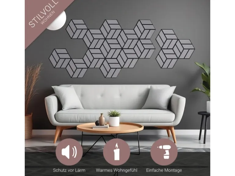 Homestyle4u Akustikpaneele 30 x 26 cm 10 Stück Grau Hexagon Wandpaneele Holz