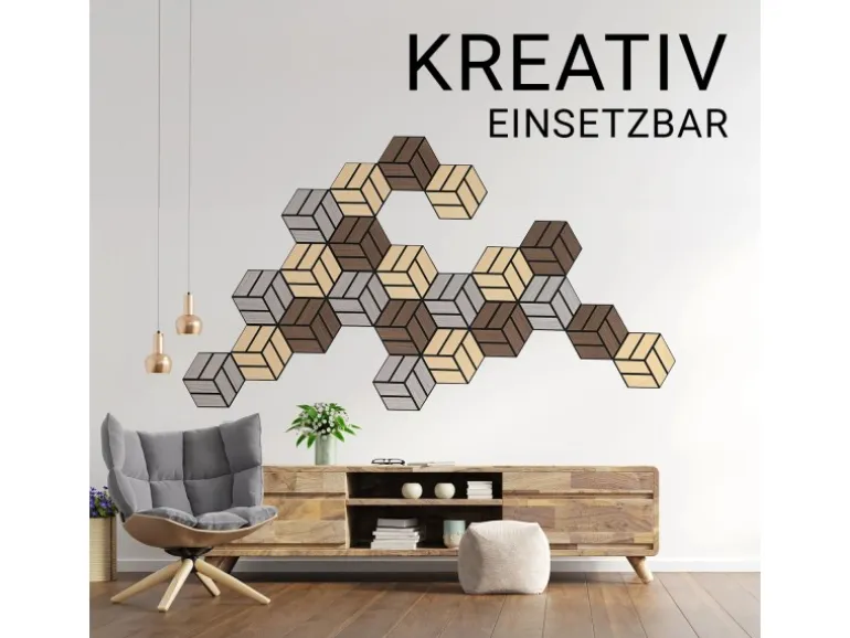 Homestyle4u Akustikpaneele 30 x 26 cm 10 Stück Grau Hexagon Wandpaneele Holz