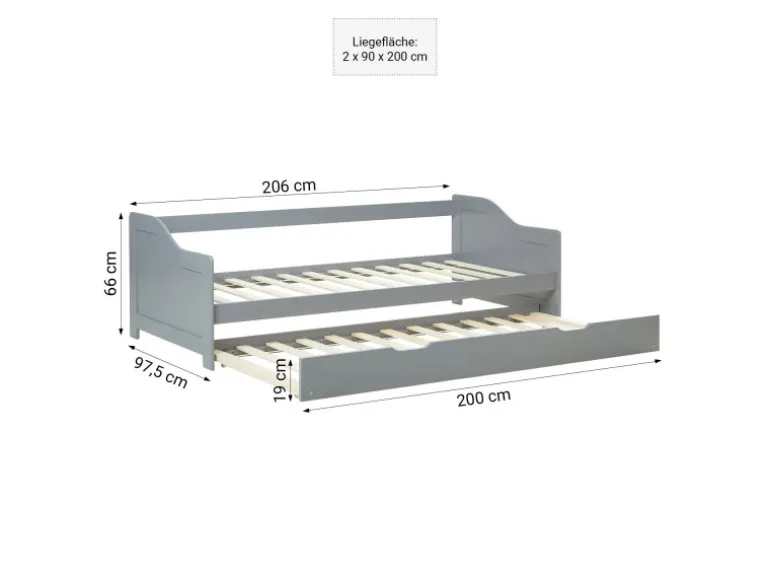 Homestyle4u Ausziehbett 90 x 200 cm Grau 2506