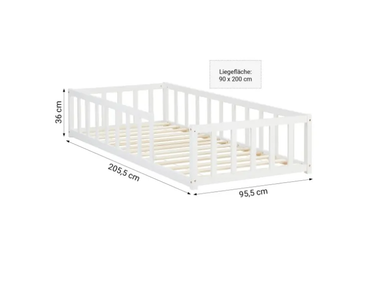 Homestyle4u Bodenbett 90x200 in Weiß mit Lattenrost 2523