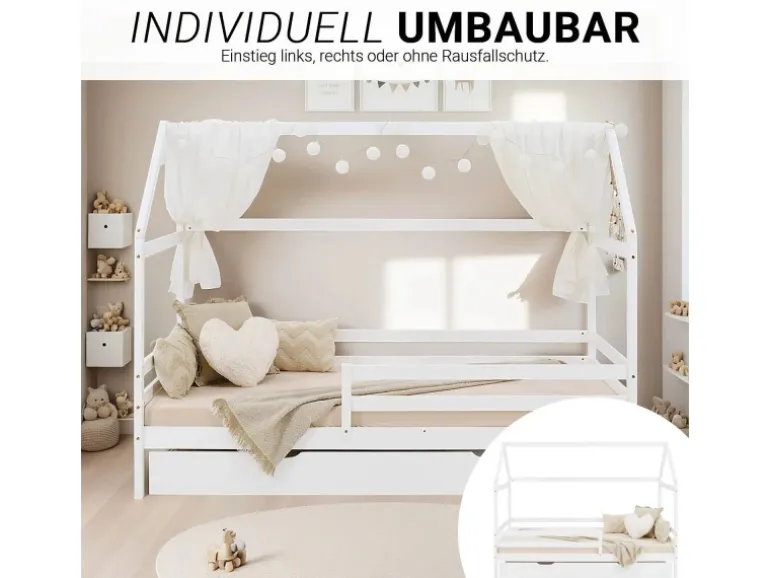 Homestyle4u Hausbett 90x200 mit Bettkasten in Weiß 2522