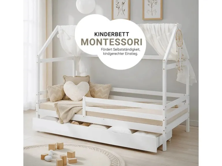Homestyle4u Hausbett 90x200 mit Bettkasten in Weiß 2522