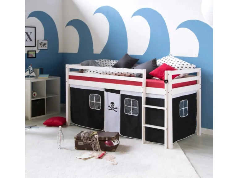 Homestyle4u Hochbett 90x200 mit Vorhang und Lattenrost in Weiß Pirat 2538