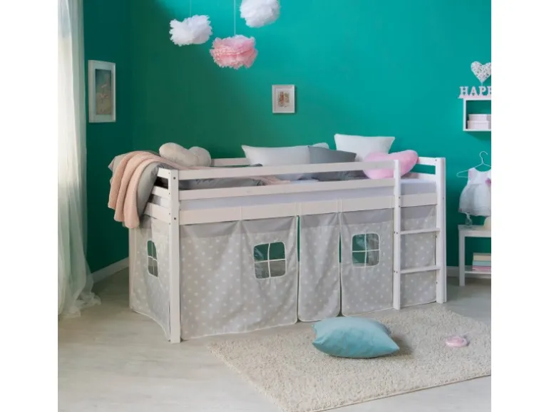 Homestyle4u Hochbett 90x200 mit Vorhang in Weiß Sterne 1888