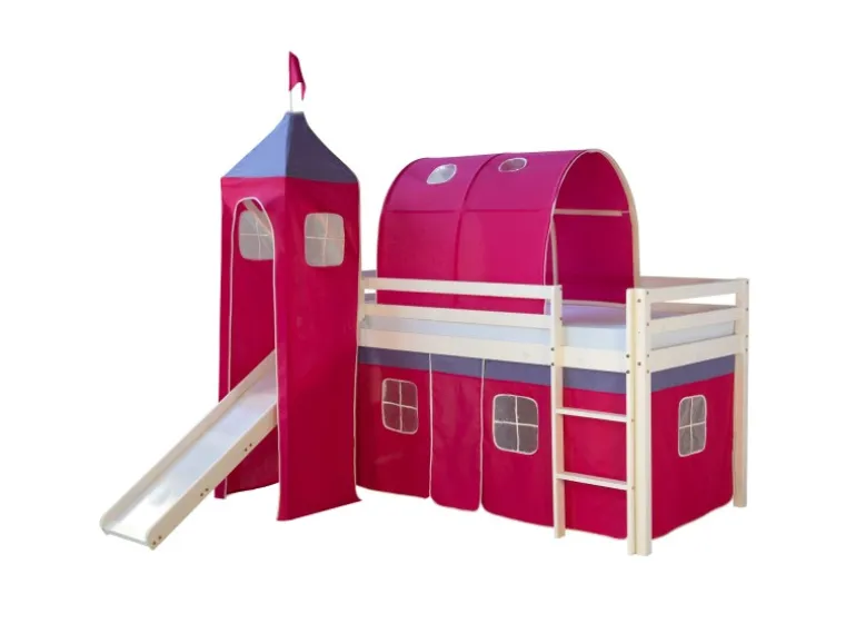 Homestyle4u Hochbett 90x200 mit Vorhang Lattenrost Rutsche Tunnel und Turm in Weiß 2579