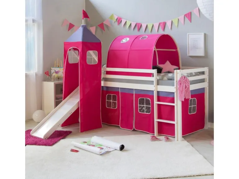 Homestyle4u Hochbett 90x200 mit Vorhang Lattenrost Rutsche Tunnel und Turm in Weiß 2579