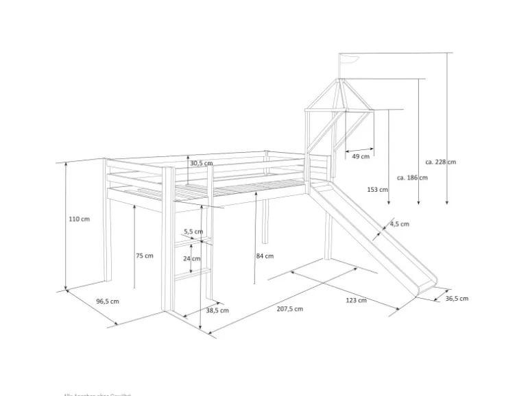 Homestyle4u Hochbett 90x200 mit Vorhang Lattenrost Rutsche Tunnel und Turm in Weiß 2579