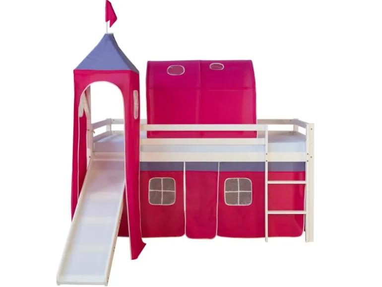 Homestyle4u Hochbett 90x200 mit Vorhang Lattenrost Rutsche Tunnel und Turm in Weiß 2579