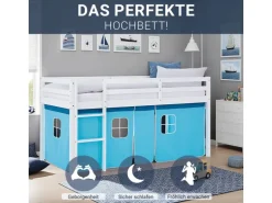 Homestyle4u Hochbett 90x200 mit Lattenrost Vorhang Blau Kinderbett 2984