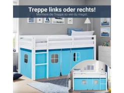 Homestyle4u Hochbett 90x200 mit Lattenrost Vorhang Blau Kinderbett 2984