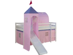 Homestyle4u Hochbett 90x200 Weiß mit Rutsche Vorhang Rosa 1575