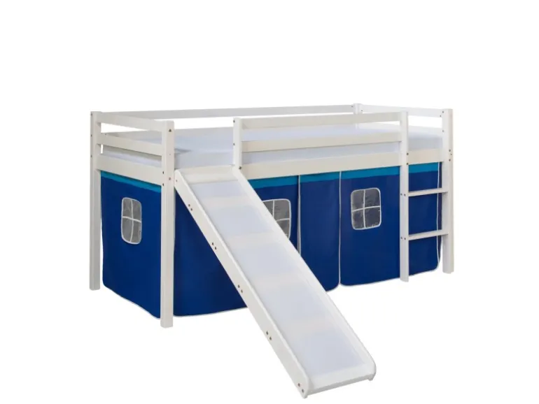 Homestyle4u Hochbett 90x200 Weiß Vorhang Blau 1544