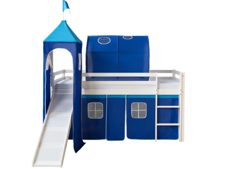 Homestyle4u Hochbett 90x200 Weiß mit Rutsche Vorhang Blau 1576