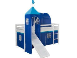 Homestyle4u Hochbett 90x200 Weiß mit Rutsche Vorhang Blau 1576