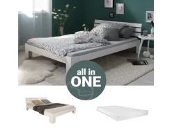 Homestyle4u Holzbett 140 x 200 cm mit Lattenrost und Matratze in Weiß 2263