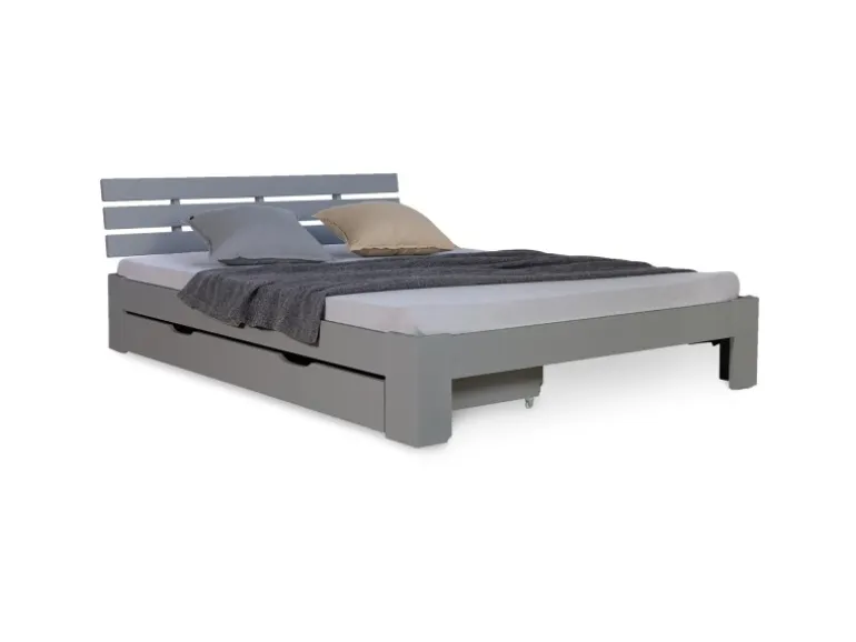 Homestyle4u Holzbett 140 x 200 cm mit Lattenrost und Bettkasten in Grau 2251