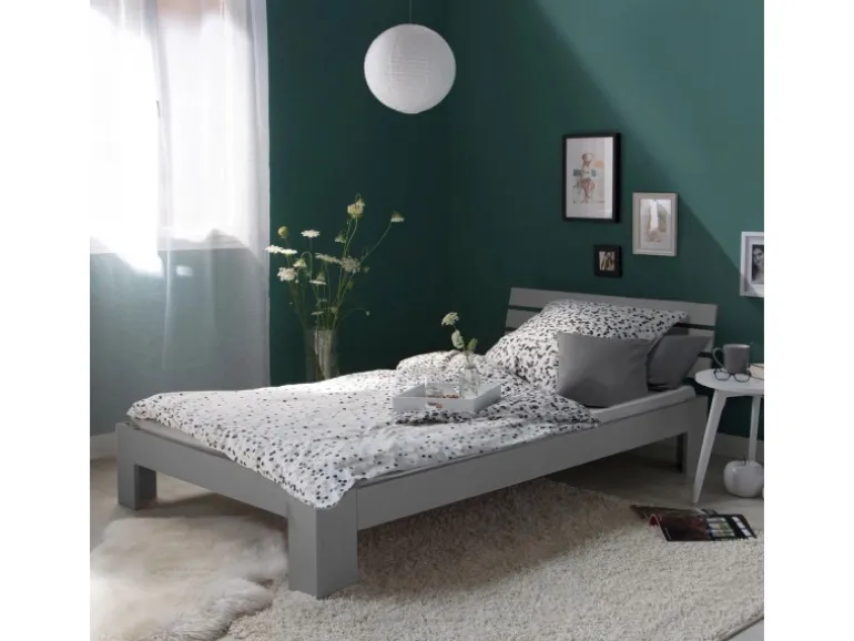 Homestyle4u Holzbett 90x200 mit Lattenrost in Grau 2035