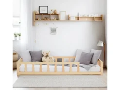 Homestyle4u Kinderbett Natur mit Rausfallschutz 90x200 cm Bodenbett Lattenrost Matratze 3025