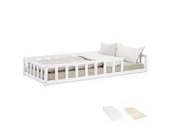 Homestyle4u Kinderbett Weiß mit Rausfallschutz 90x200 cm Bodenbett Lattenrost Matratze 3024