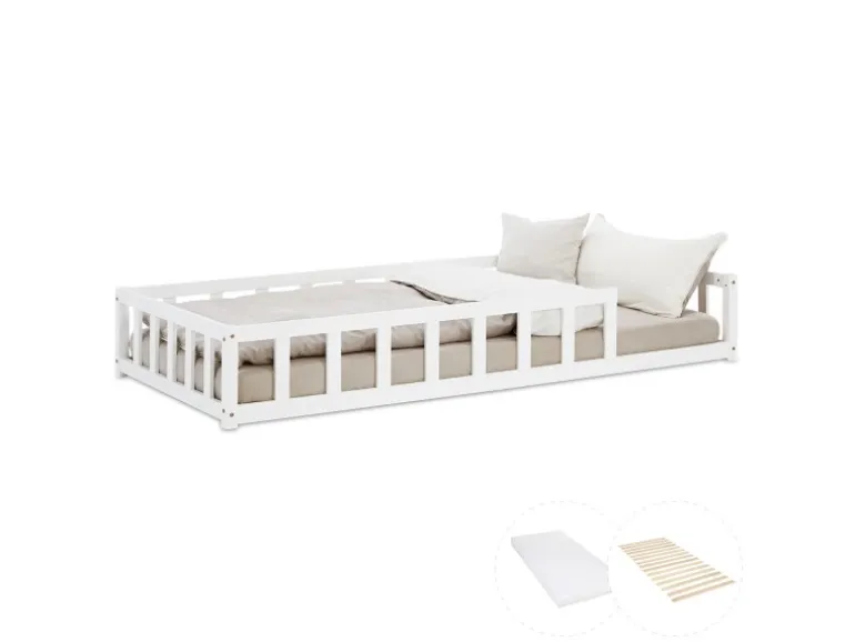 Homestyle4u Kinderbett Weiß mit Rausfallschutz 90x200 cm Bodenbett Lattenrost Matratze 3024