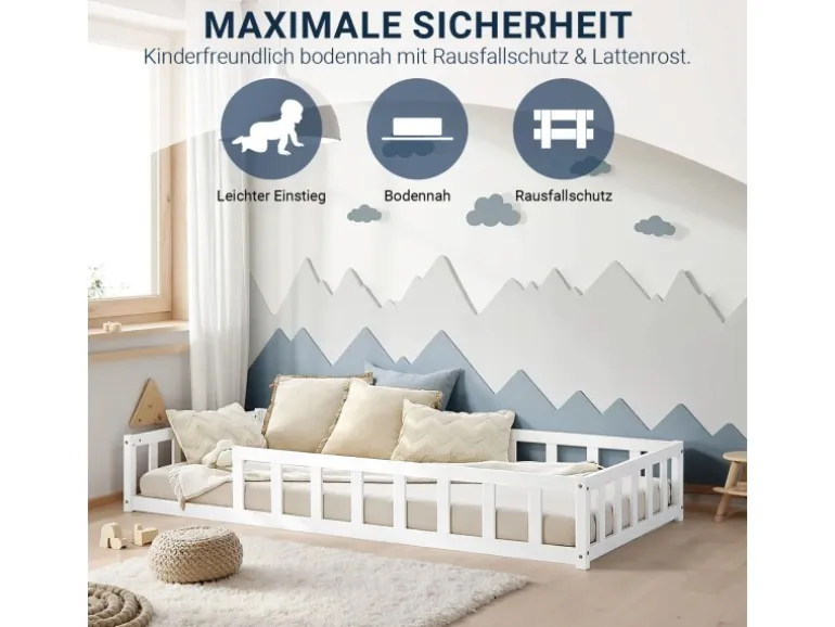 Homestyle4u Kinderbett Weiß mit Rausfallschutz 90x200 cm Bodenbett Lattenrost Matratze 3024
