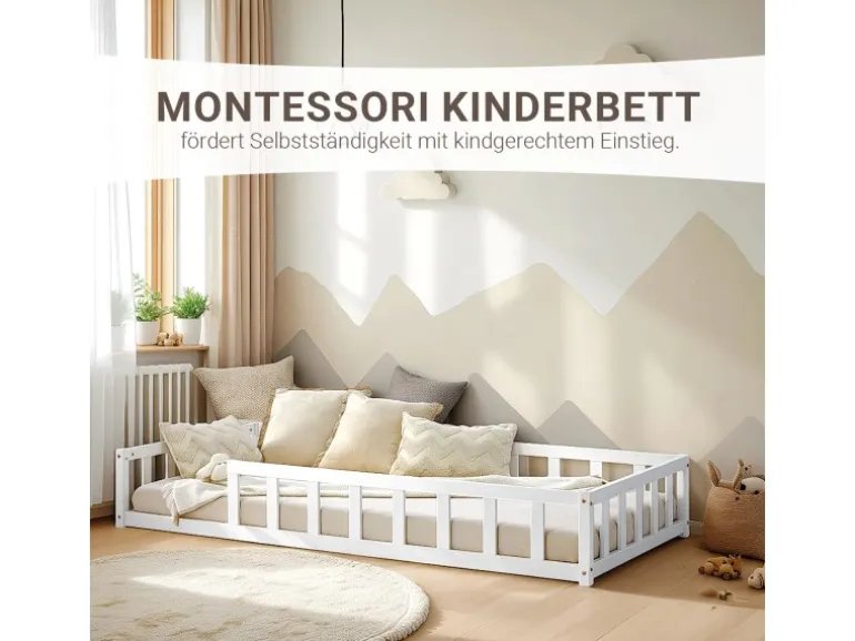 Homestyle4u Kinderbett Weiß mit Rausfallschutz 90x200 cm Bodenbett Lattenrost Matratze 3024