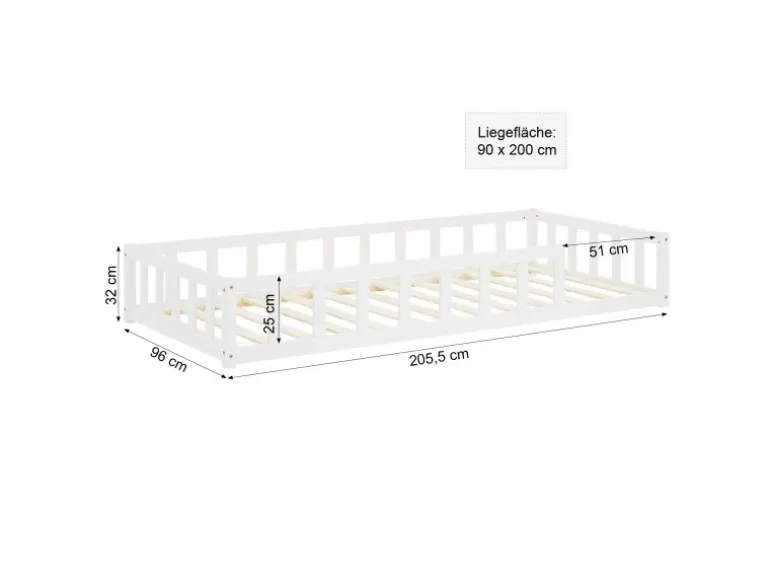 Homestyle4u Kinderbett Weiß mit Rausfallschutz 90x200 cm Bodenbett Lattenrost Matratze 3024