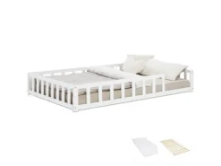 Homestyle4u Kinderbett Weiß mit Rausfallschutz 120x200 cm Bodenbett Lattenrost Matratze 3026