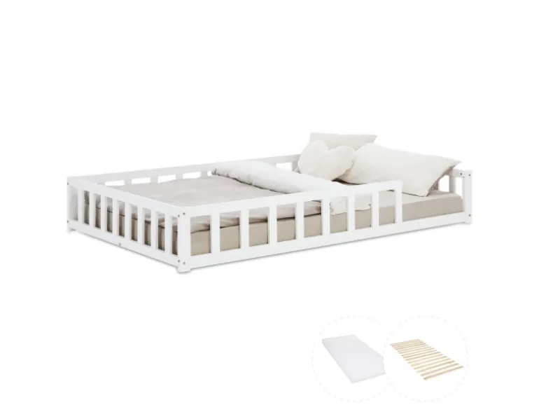 Homestyle4u Kinderbett Weiß mit Rausfallschutz 120x200 cm Bodenbett Lattenrost Matratze 3026