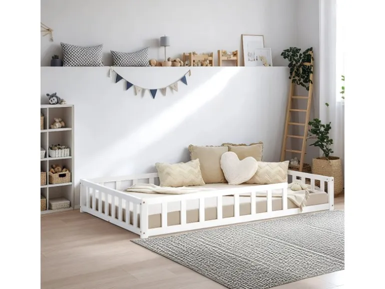 Homestyle4u Kinderbett Weiß mit Rausfallschutz 120x200 cm Bodenbett Lattenrost Matratze 3026