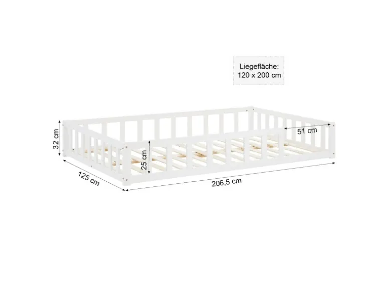 Homestyle4u Kinderbett Weiß mit Rausfallschutz 120x200 cm Bodenbett Lattenrost Matratze 3026
