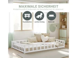 Homestyle4u Kinderbett Weiß mit Rausfallschutz 120x200 cm Bodenbett Lattenrost Matratze 3026