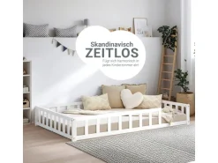 Homestyle4u Kinderbett Weiß mit Rausfallschutz 120x200 cm Bodenbett Lattenrost Matratze 3026