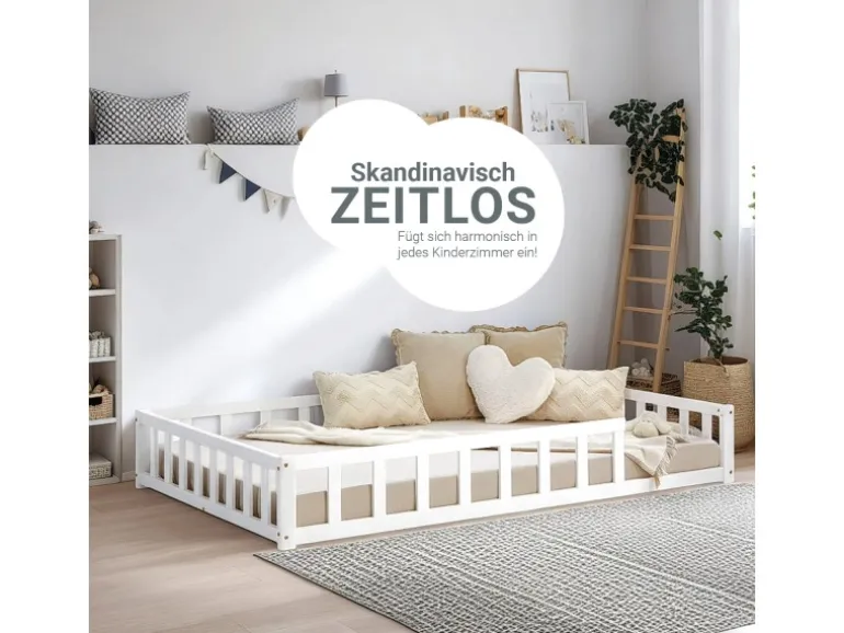 Homestyle4u Kinderbett Weiß mit Rausfallschutz 120x200 cm Bodenbett Lattenrost Matratze 3026