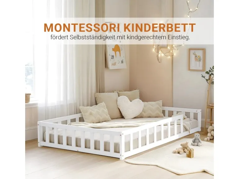 Homestyle4u Kinderbett Weiß mit Rausfallschutz 120x200 cm Bodenbett Lattenrost Matratze 3026